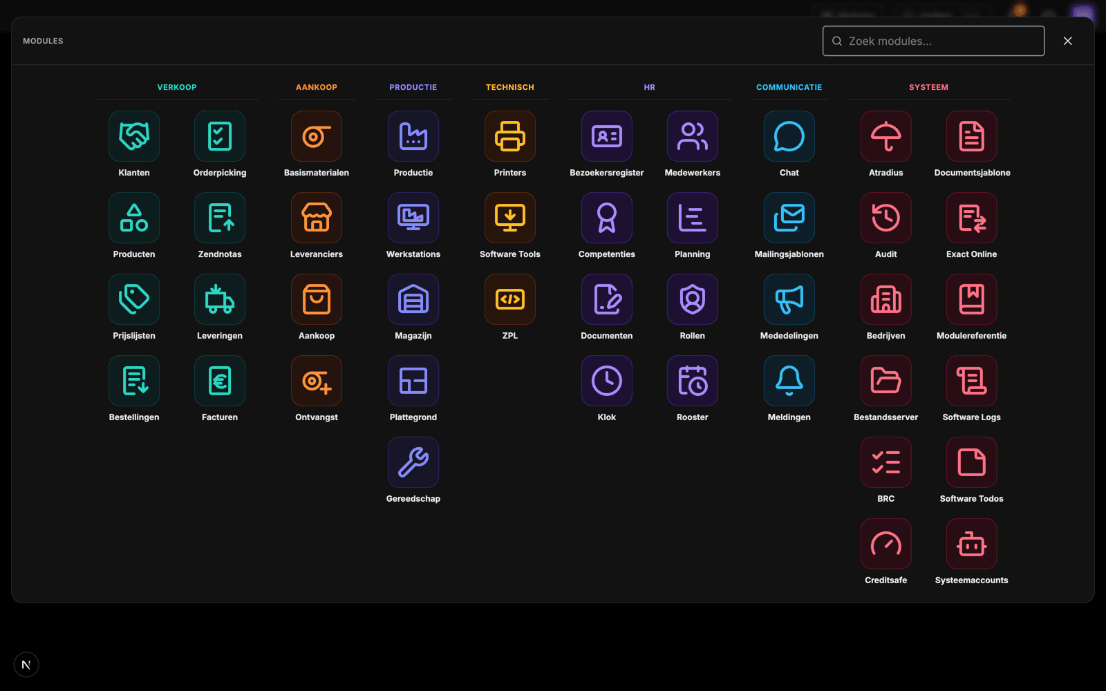 Donckers ERP — het moduleoverzicht met 49 modules, gegroepeerd per domein